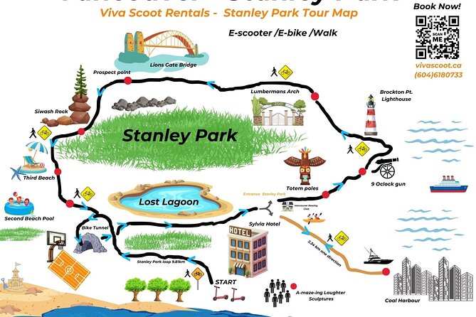 Stanley Park Seawall E-scooter Rental with Self Guided map - The 9.8 km Stanley Park loop with Audiome landmarks